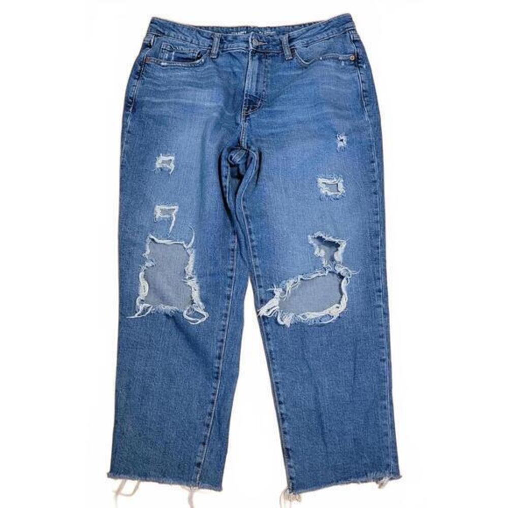 Old Navy OG Straight High Rise Distressed Jeans Medium Wash Blue Womens 12